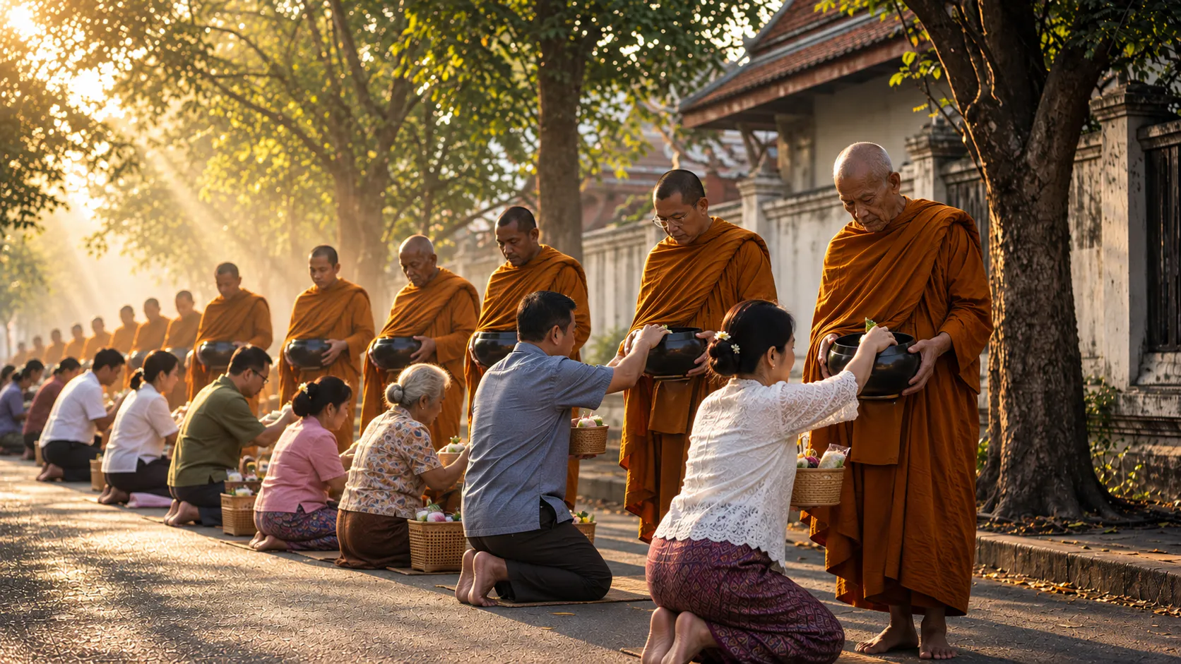Thai monks receiving morning alms from kneeling villagers at first light