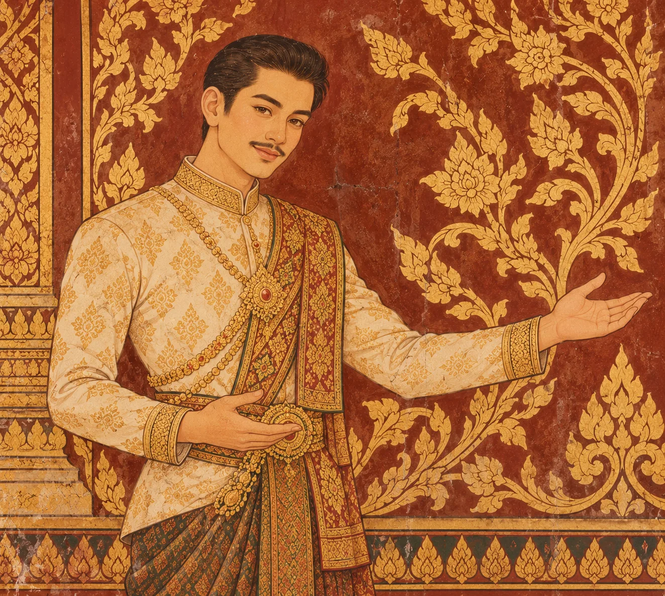 Thai man in traditional dress gesturing a welcome