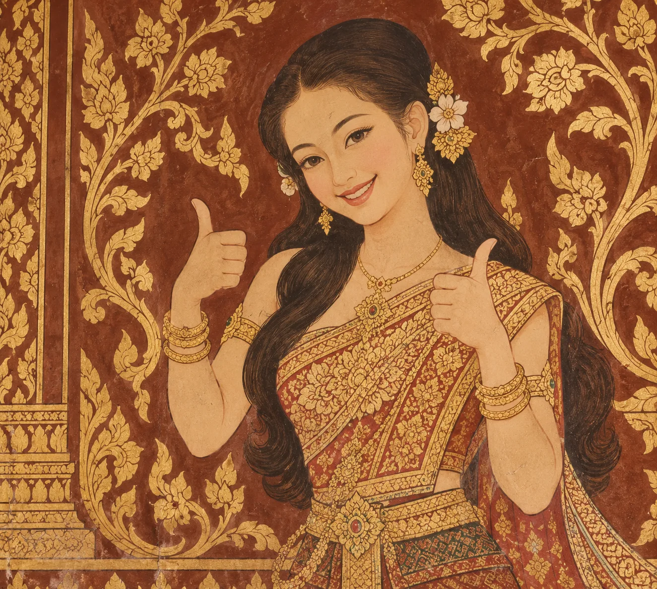 Thai woman in traditional dress giving a thumbs-up welcome