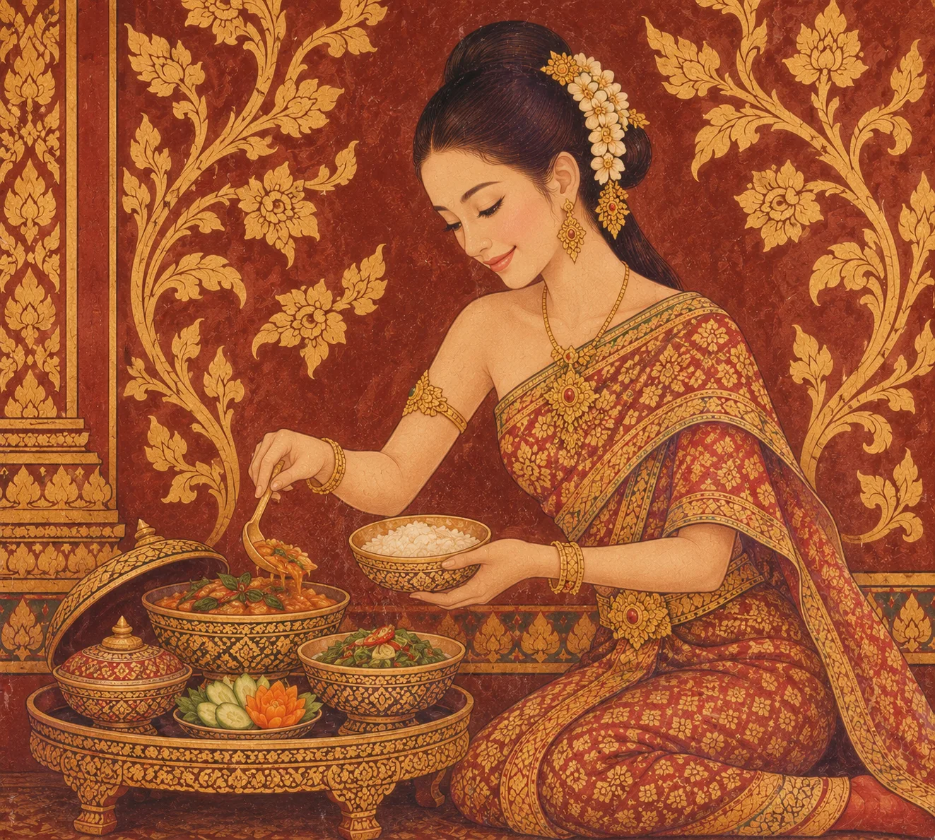 Woman in traditional Thai dress serving dishes from a golden tray