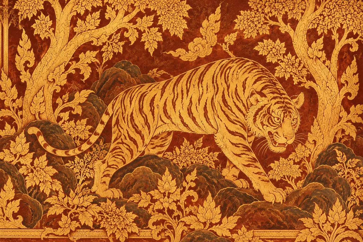 Tiger walking through a golden Thai mural jungle
