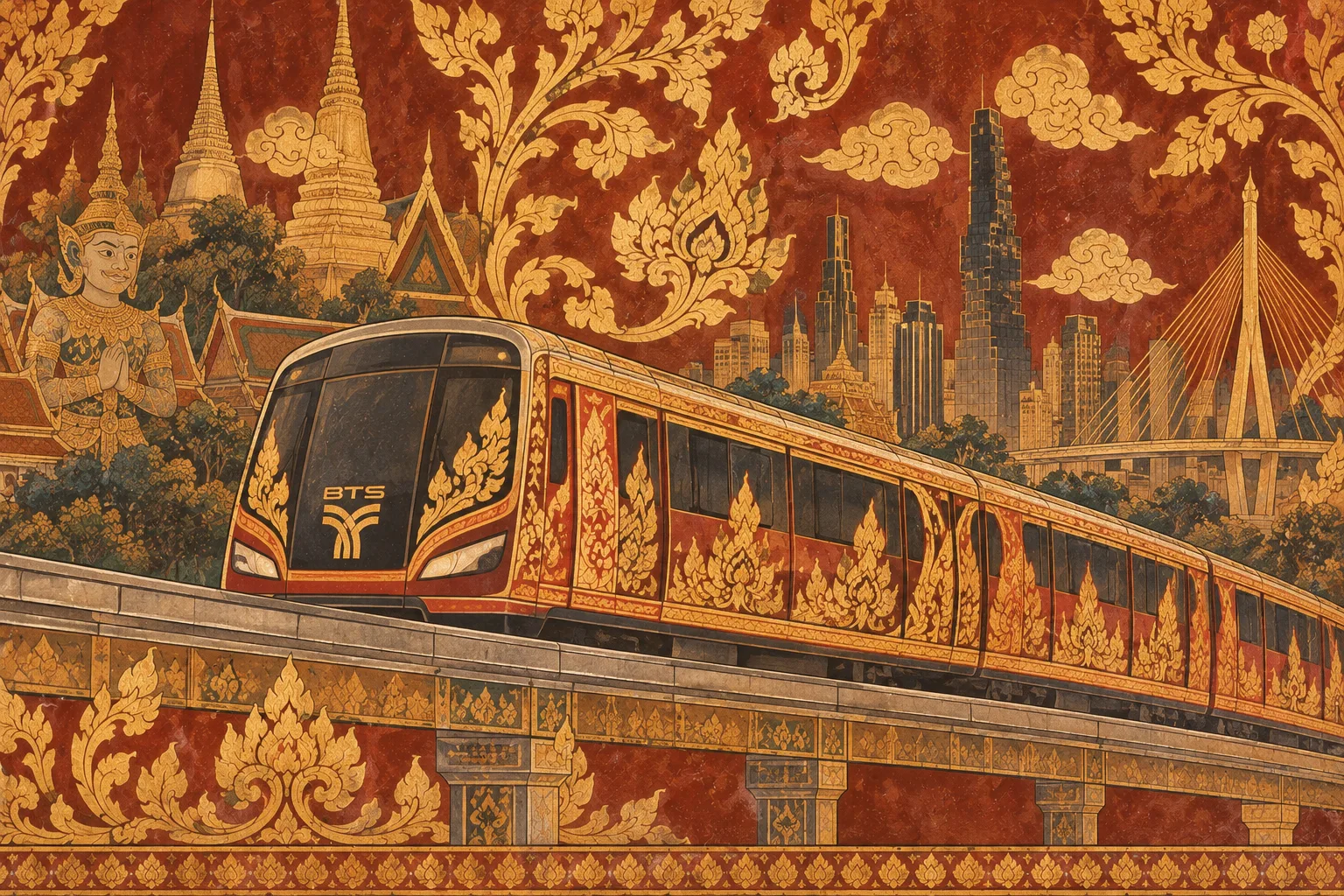 BTS Skytrain bridging traditional and modern Bangkok in mural style