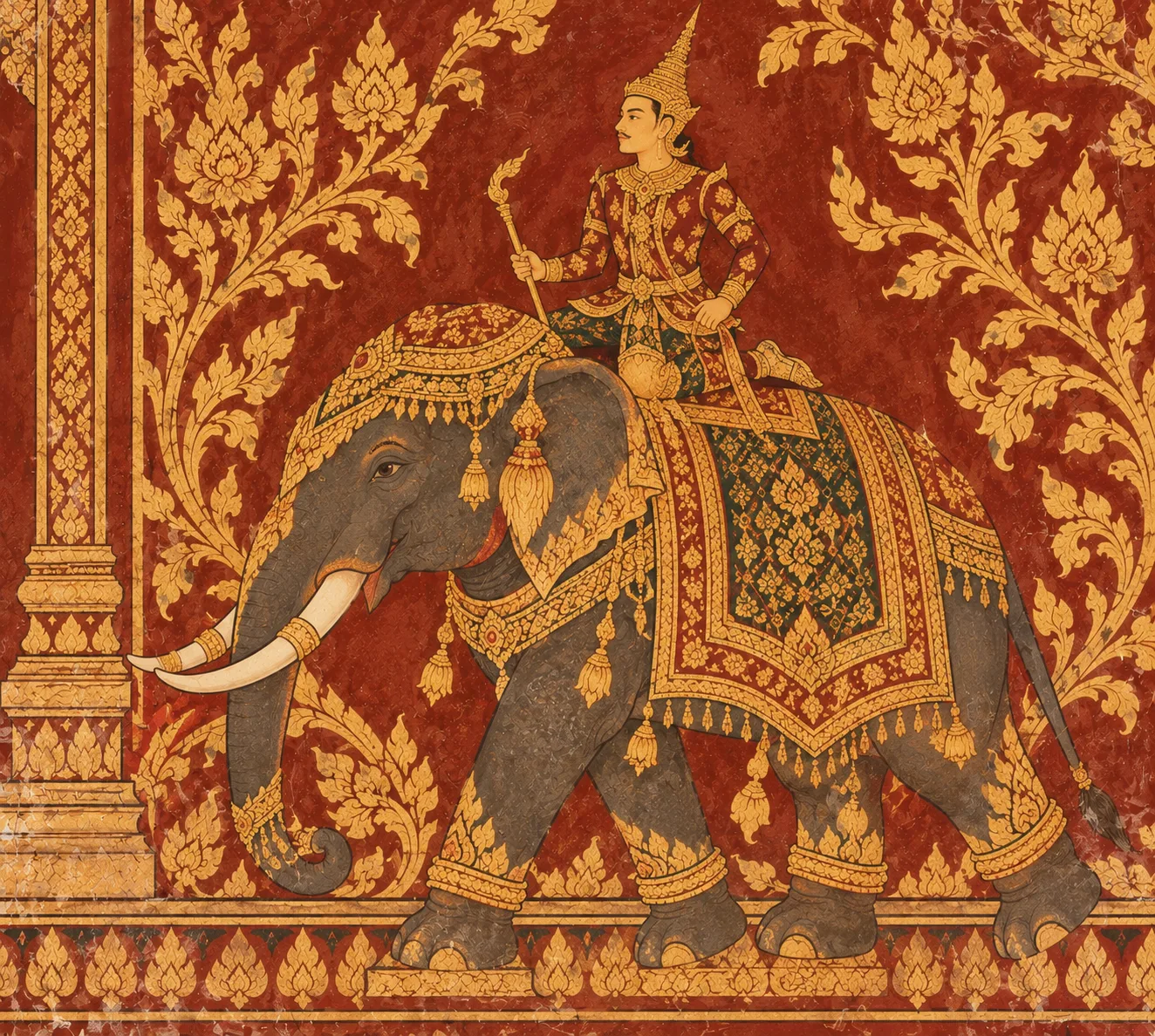 Royal figure riding a ceremonial elephant in Thai mural style