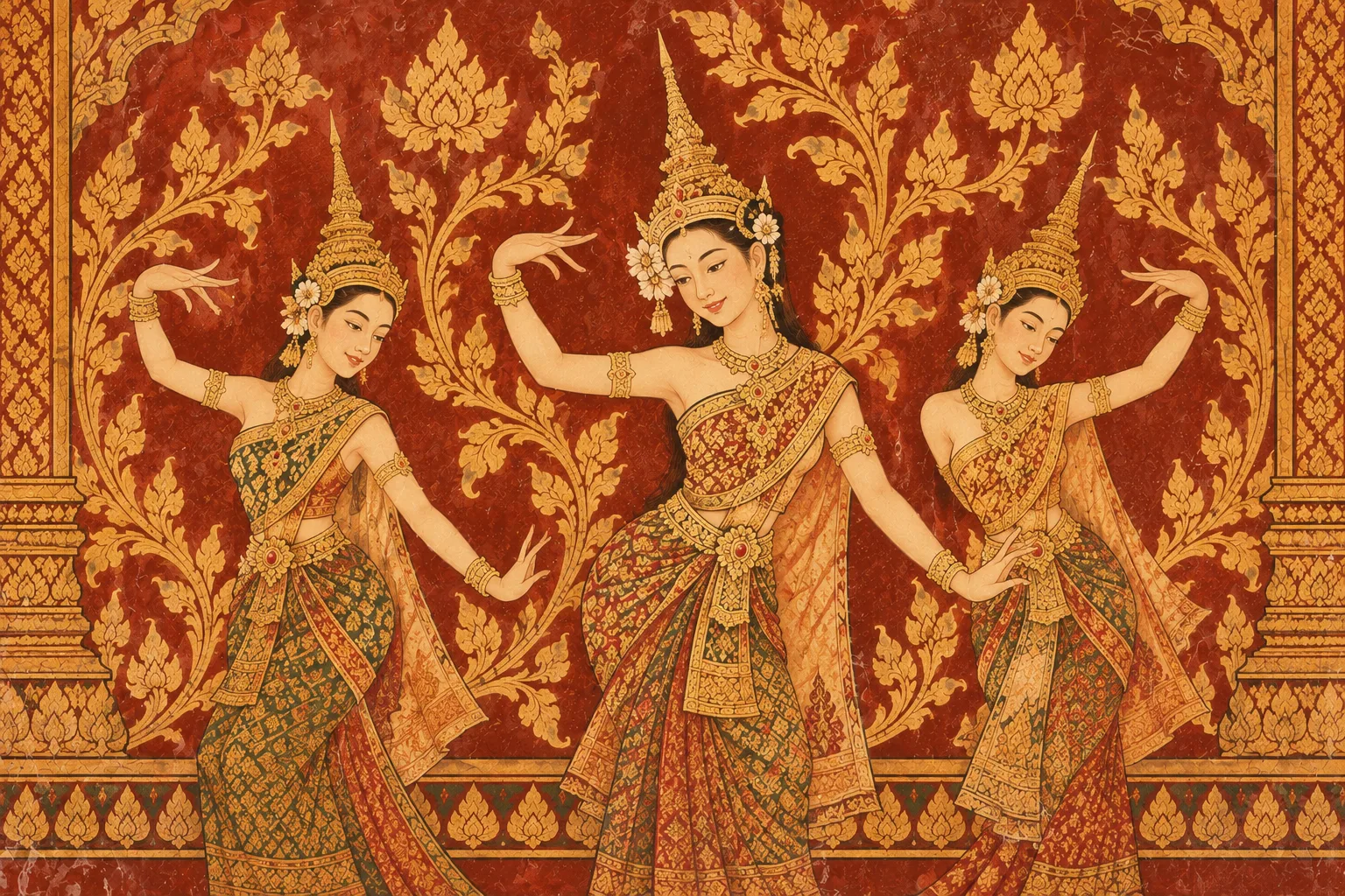 Three Thai classical dancers in traditional costume