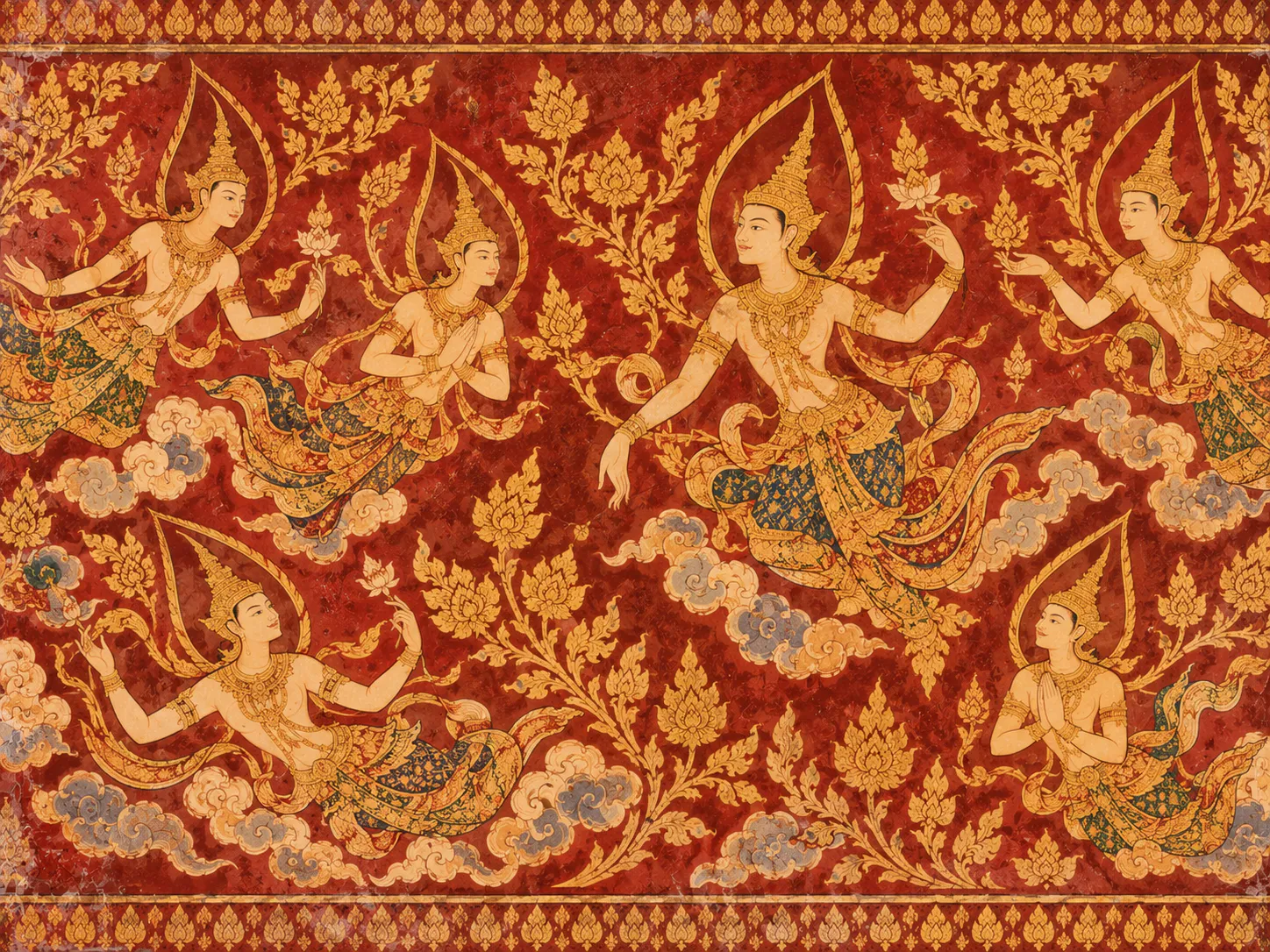 Celestial figures in a traditional Thai temple mural