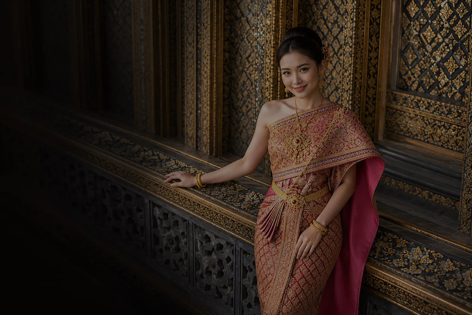 Women in traditional Thai dress seated in a teak hall with gold jewelry and sabai