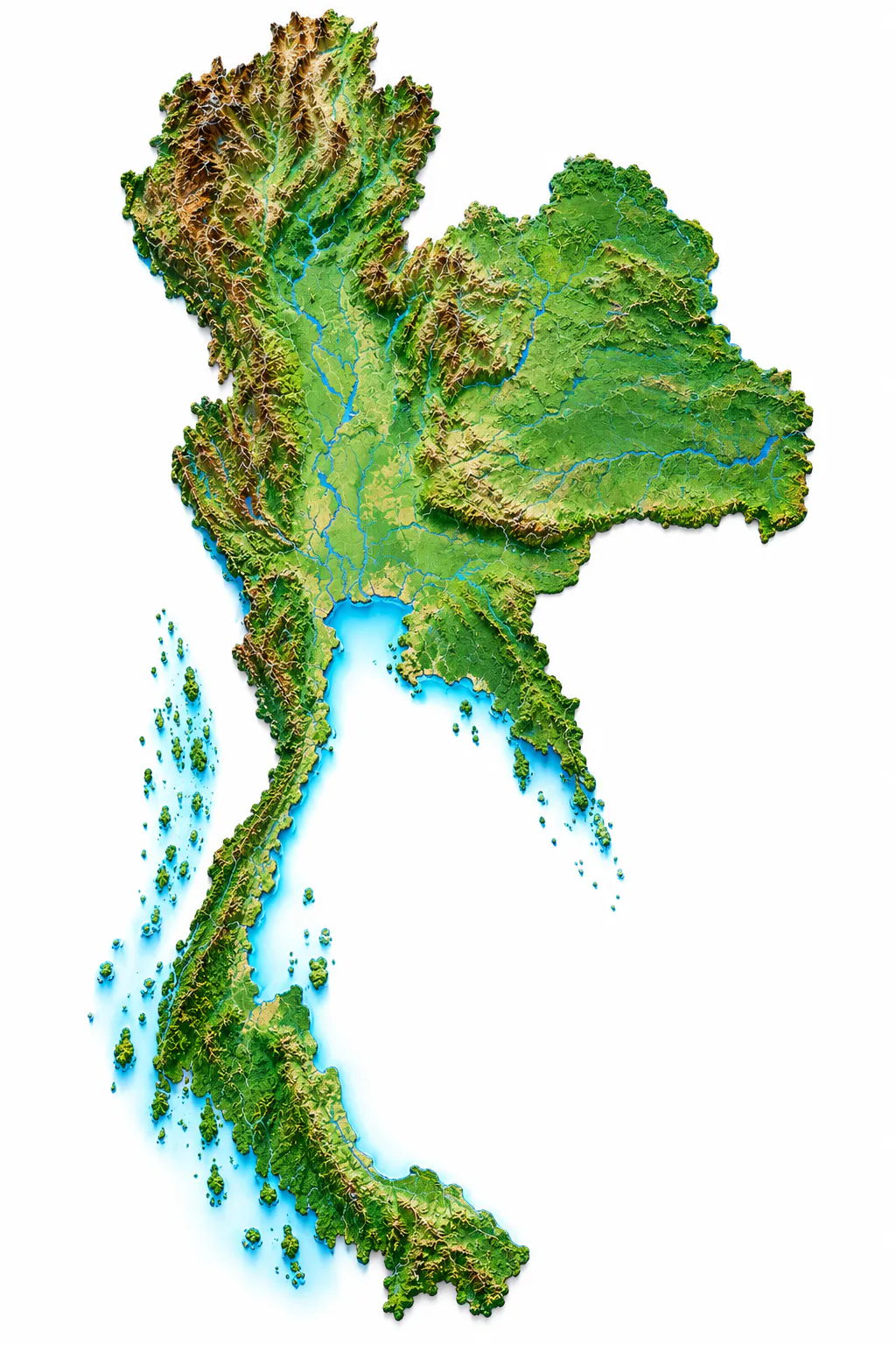 Relief map of Thailand highlighting the western region