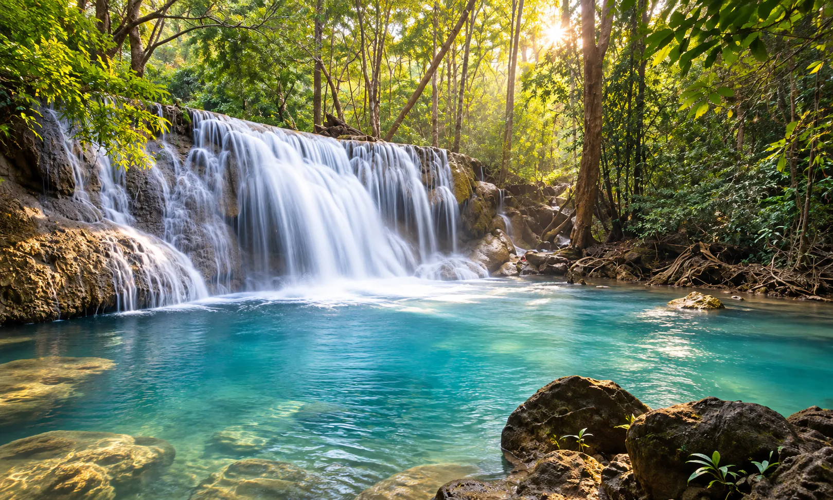Deep green forest and cascading water in a western Thailand national park