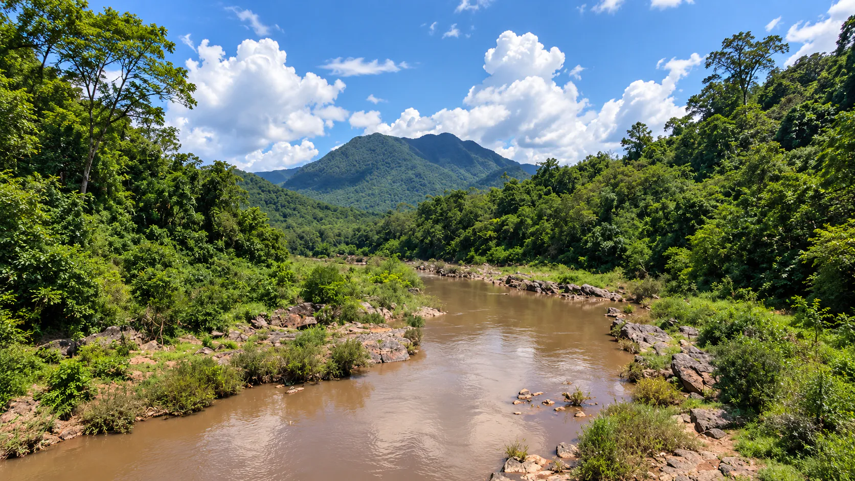 The Nam Wa River winding between forested banks toward a green mountain ridge at Mae Charim National Park