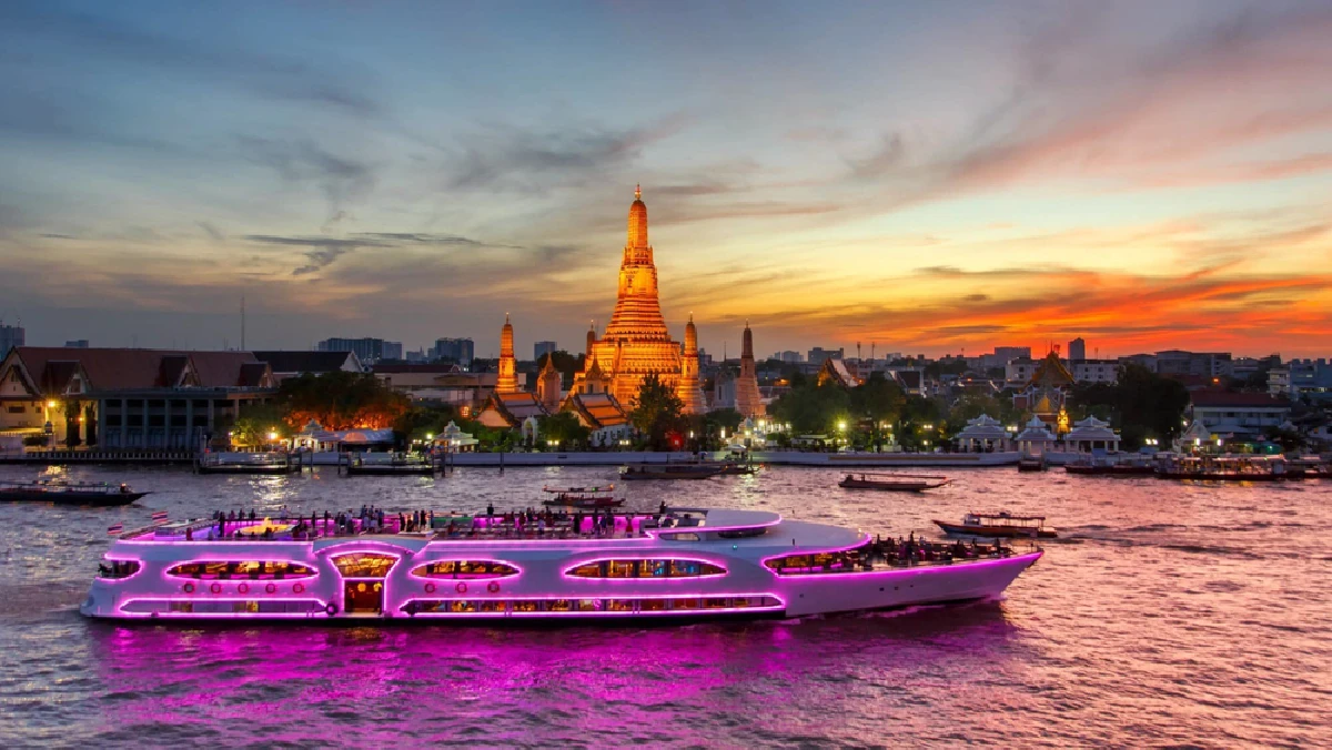 Illuminated Chao Phraya riverfront at night