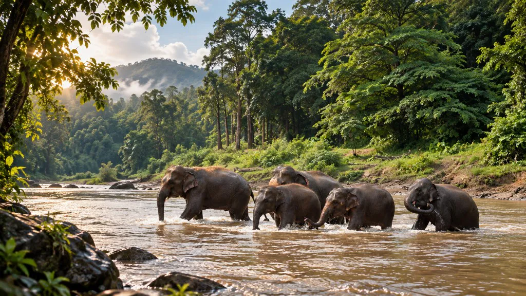 A herd of elephants crossing a river in a forest