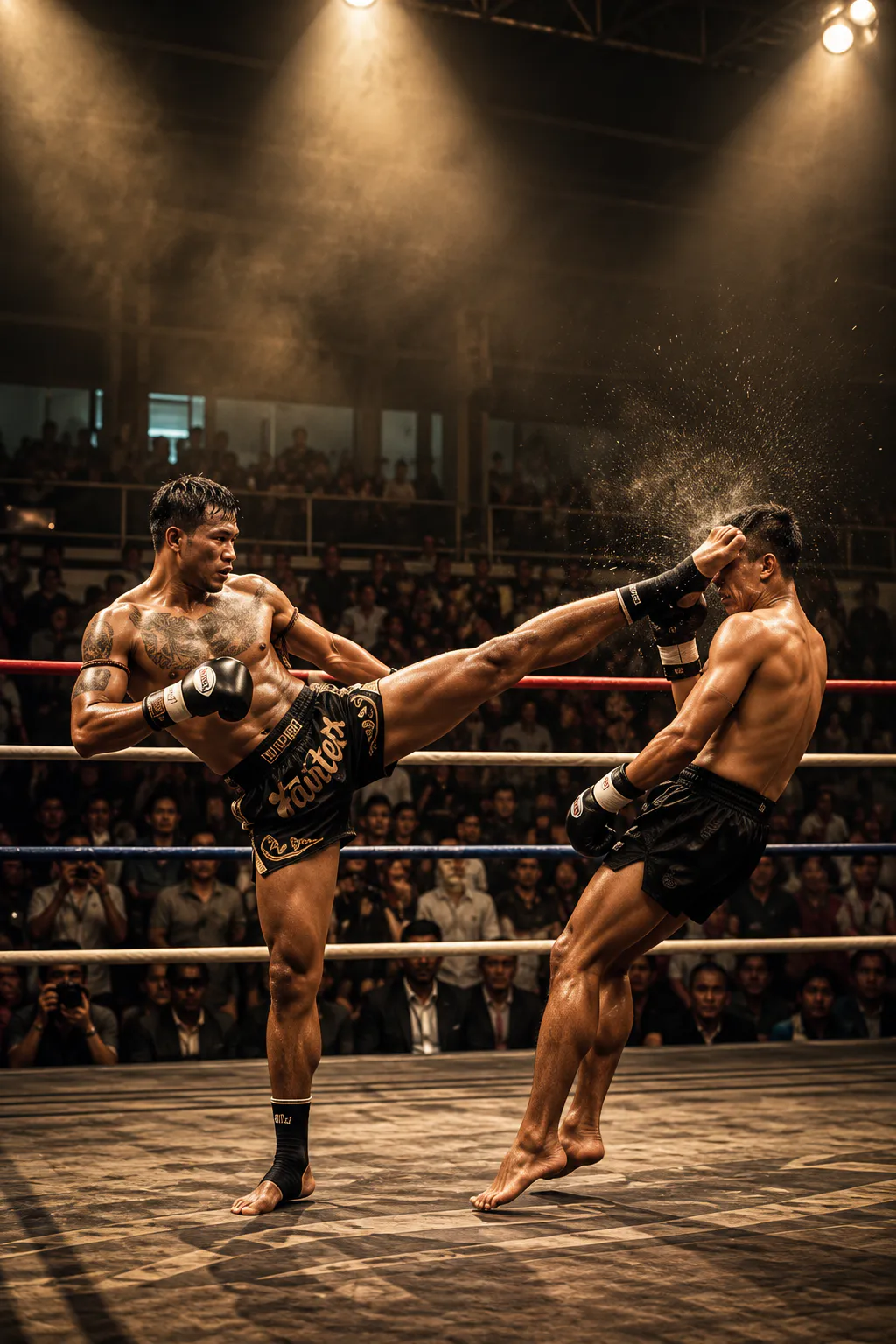 Two fighters exchanging a high kick under stadium lights