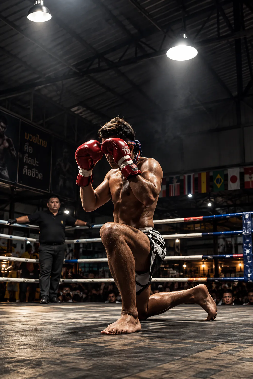 A fighter kneeling in the ring with red gloves and a mongkhon