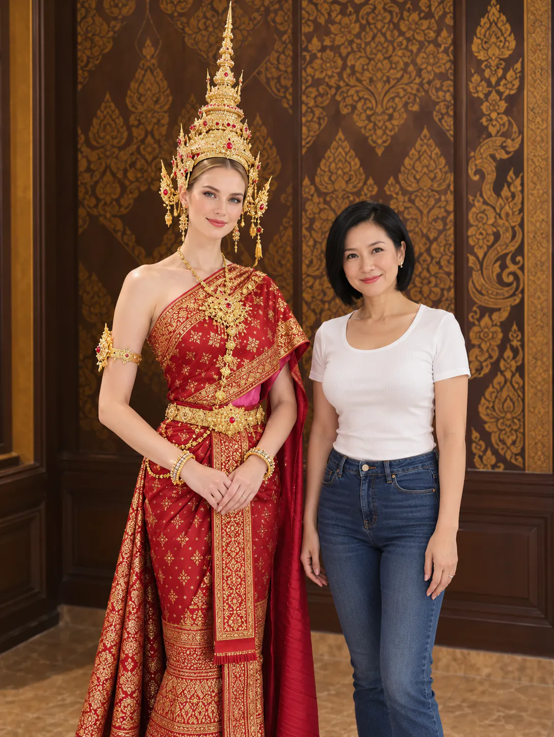 Traveller in ornate Chut Thai costume with a local host