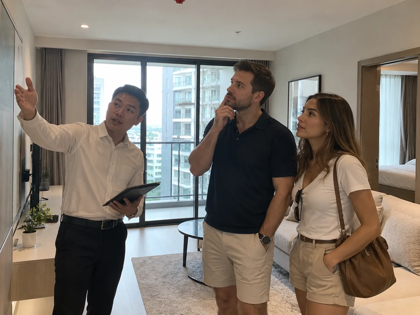 Real estate agent showing a modern condominium living room with city views to a couple during a property viewing in Thailand