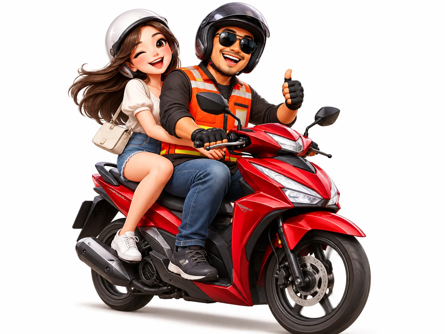 Friendly Thai motorbike taxi Win driver with passenger on a red scooter