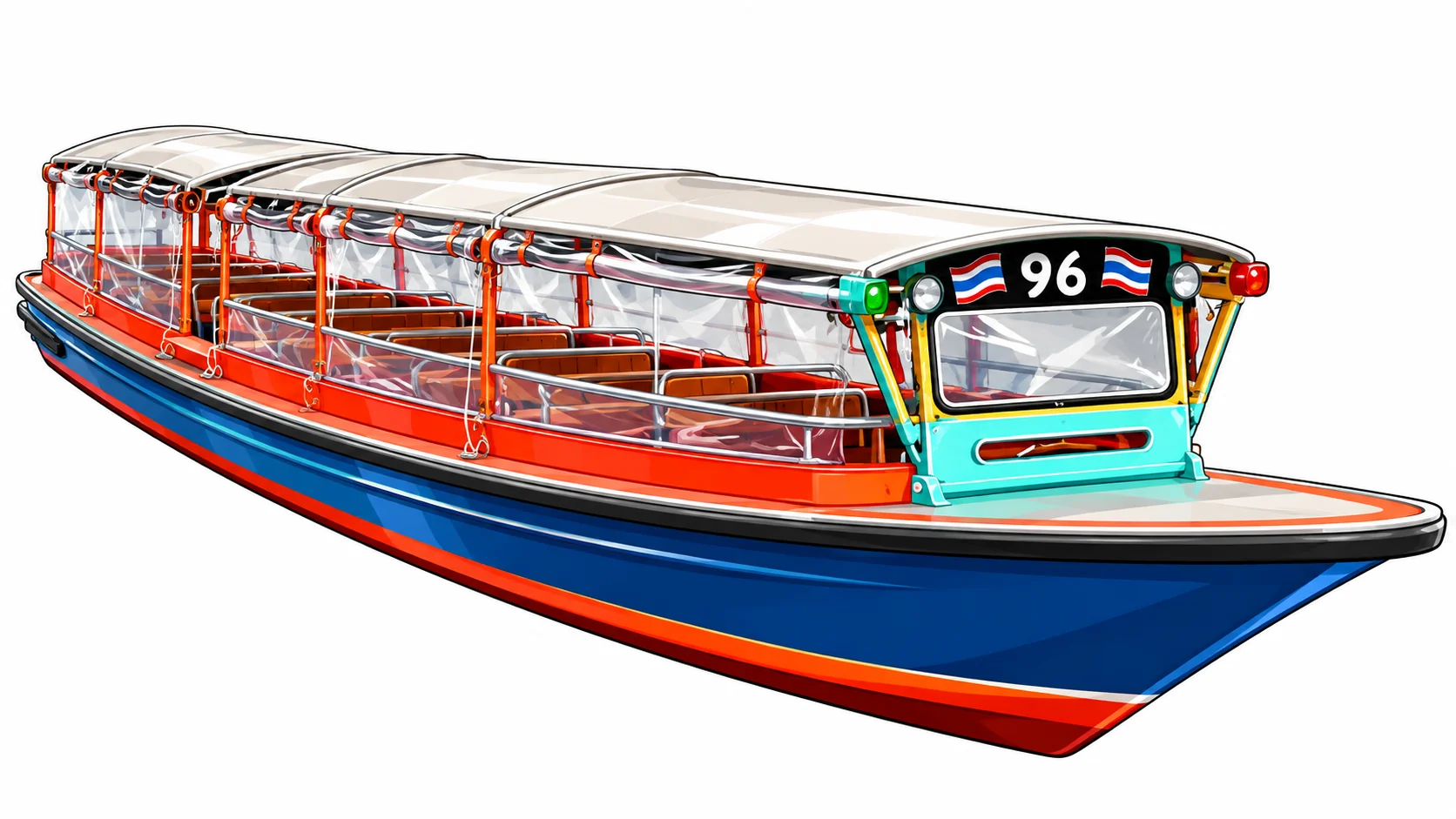 Khlong Saen Saep canal boat illustration with blue hull and orange stripe