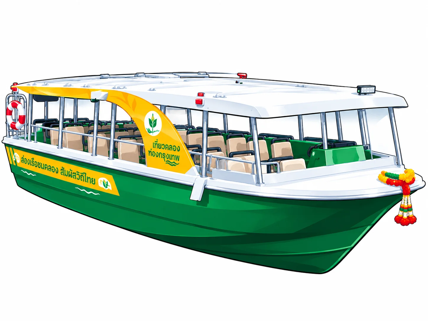 Phadung Krung Kasem EV canal boat illustration with green hull and solar roof