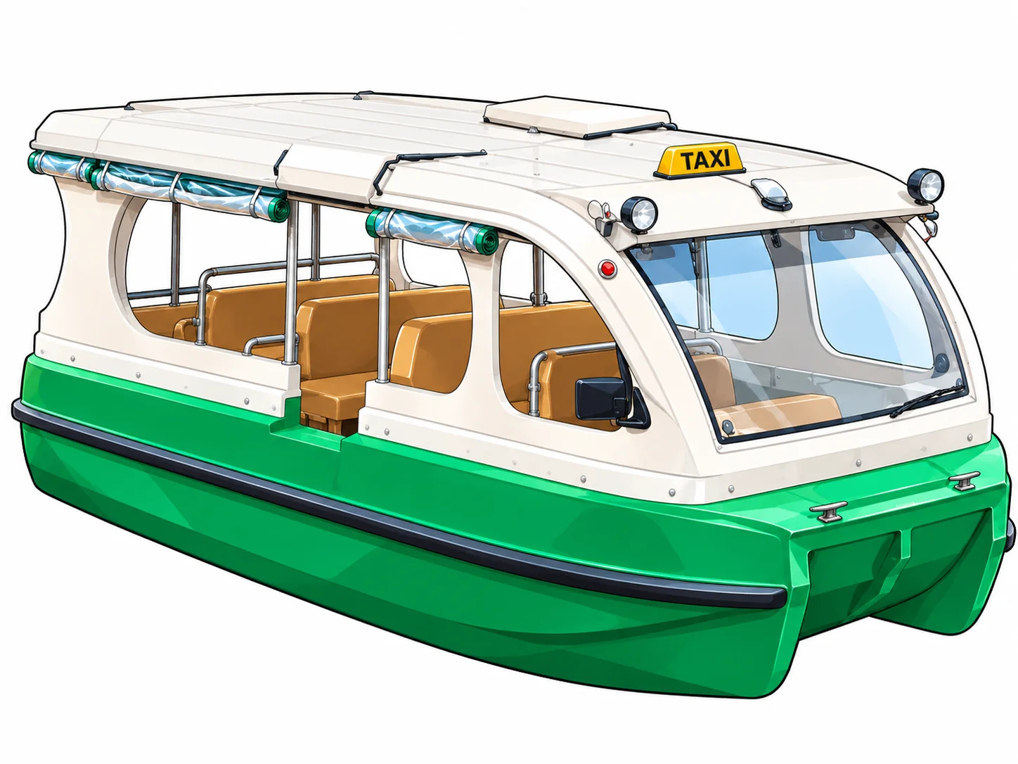 Eastern EV canal feeder boat illustration with green hull and yellow TAXI sign