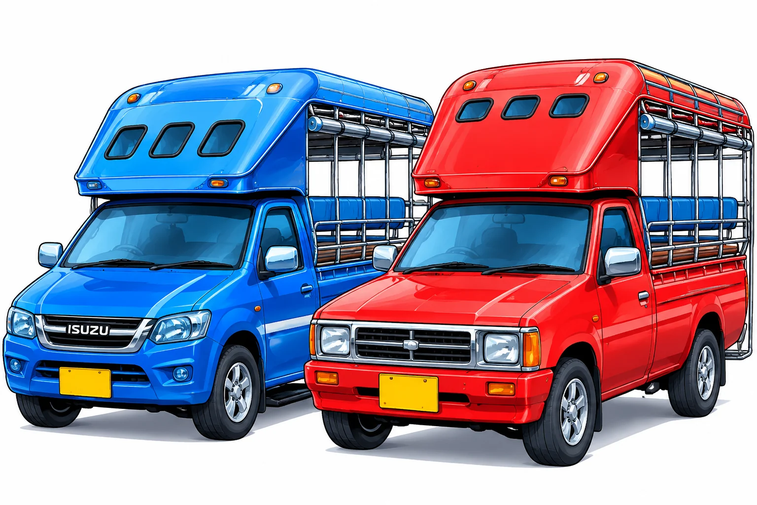 Songthaew and kapor neighborhood feeder vehicles illustration
