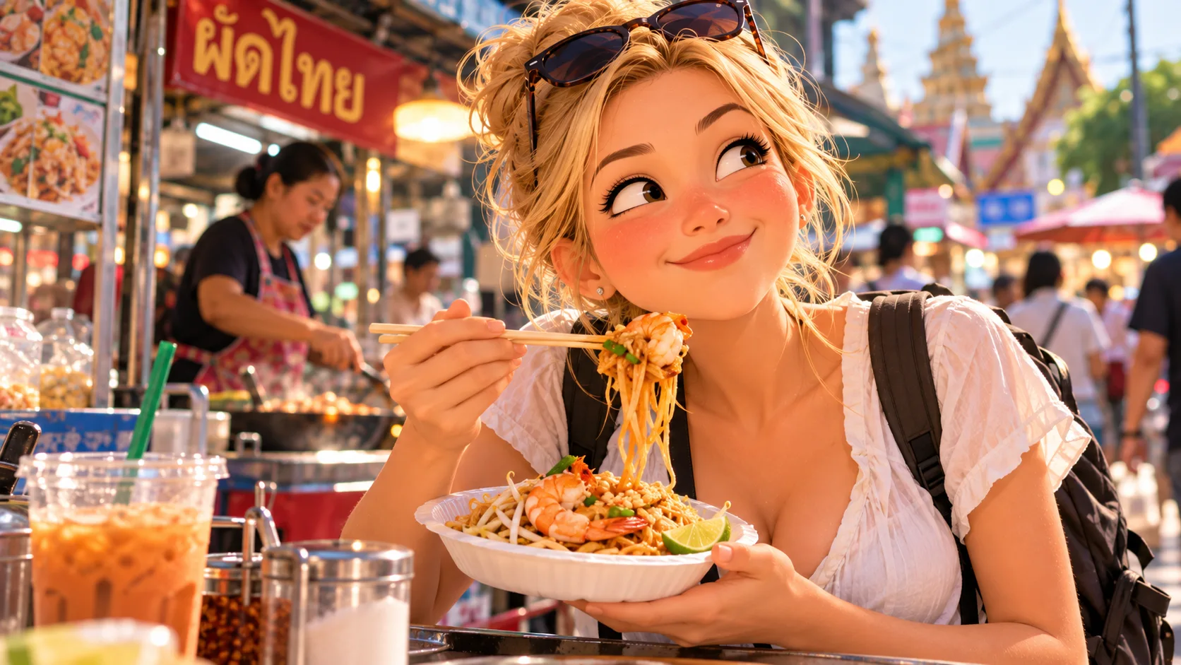 Choosing busy Thai street food stalls with fast turnover