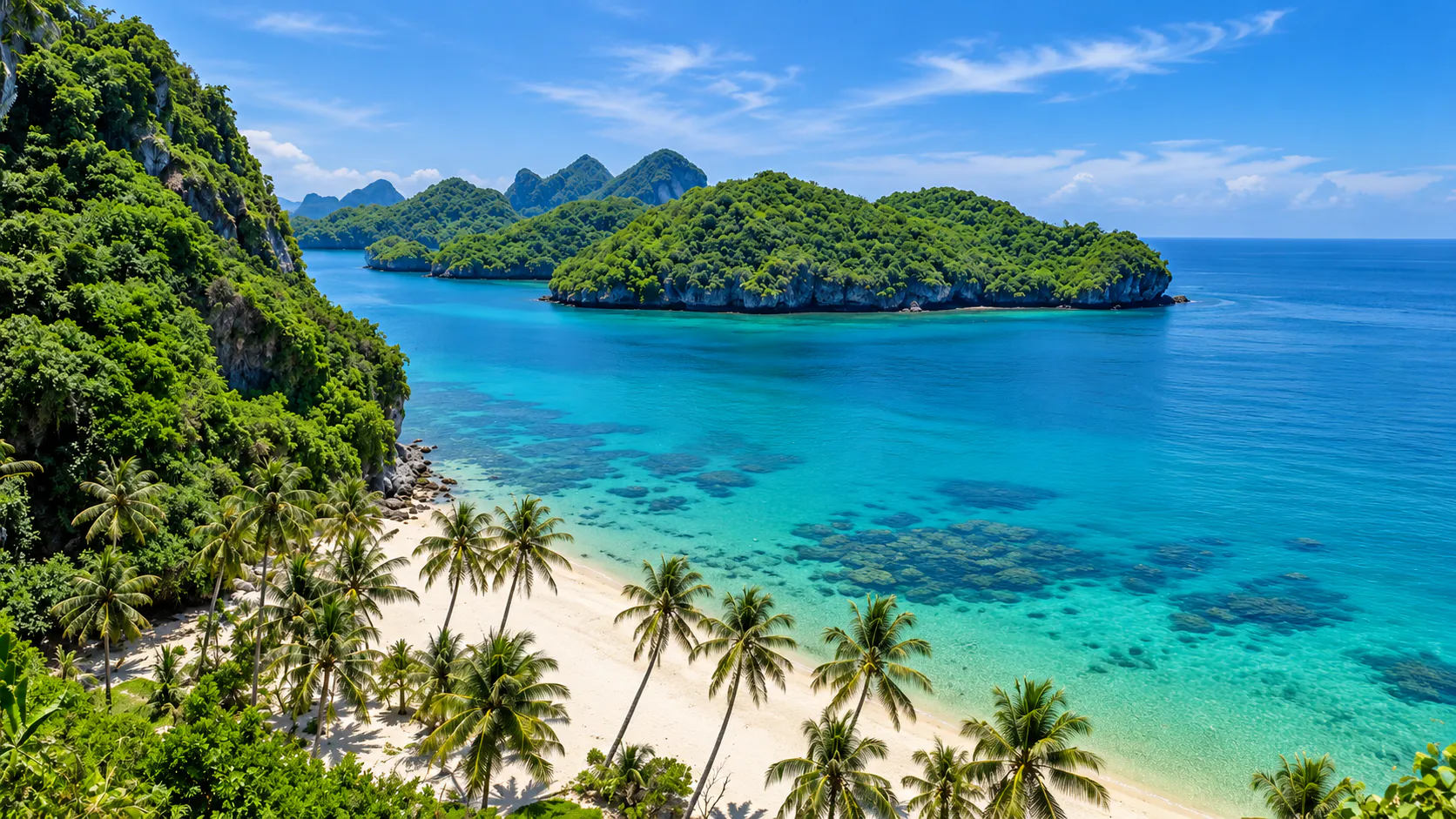 Gulf east coast: a palm beach, turquoise shallows, and green island hills