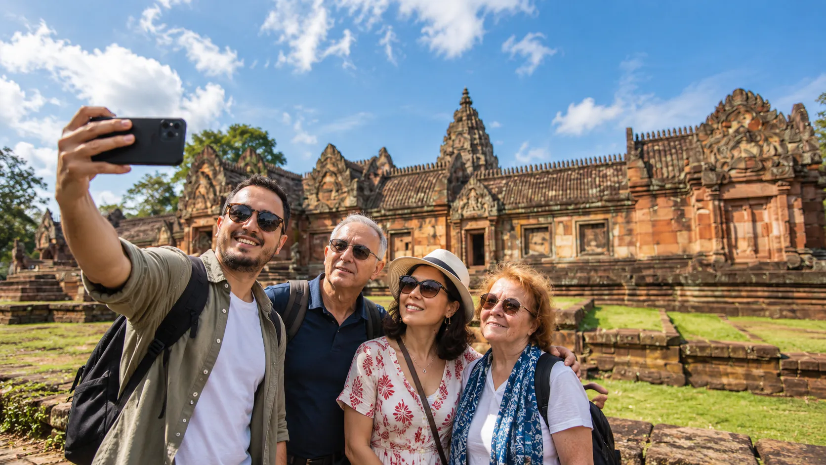 Travelers at a Thai temple under clear cool-season skies